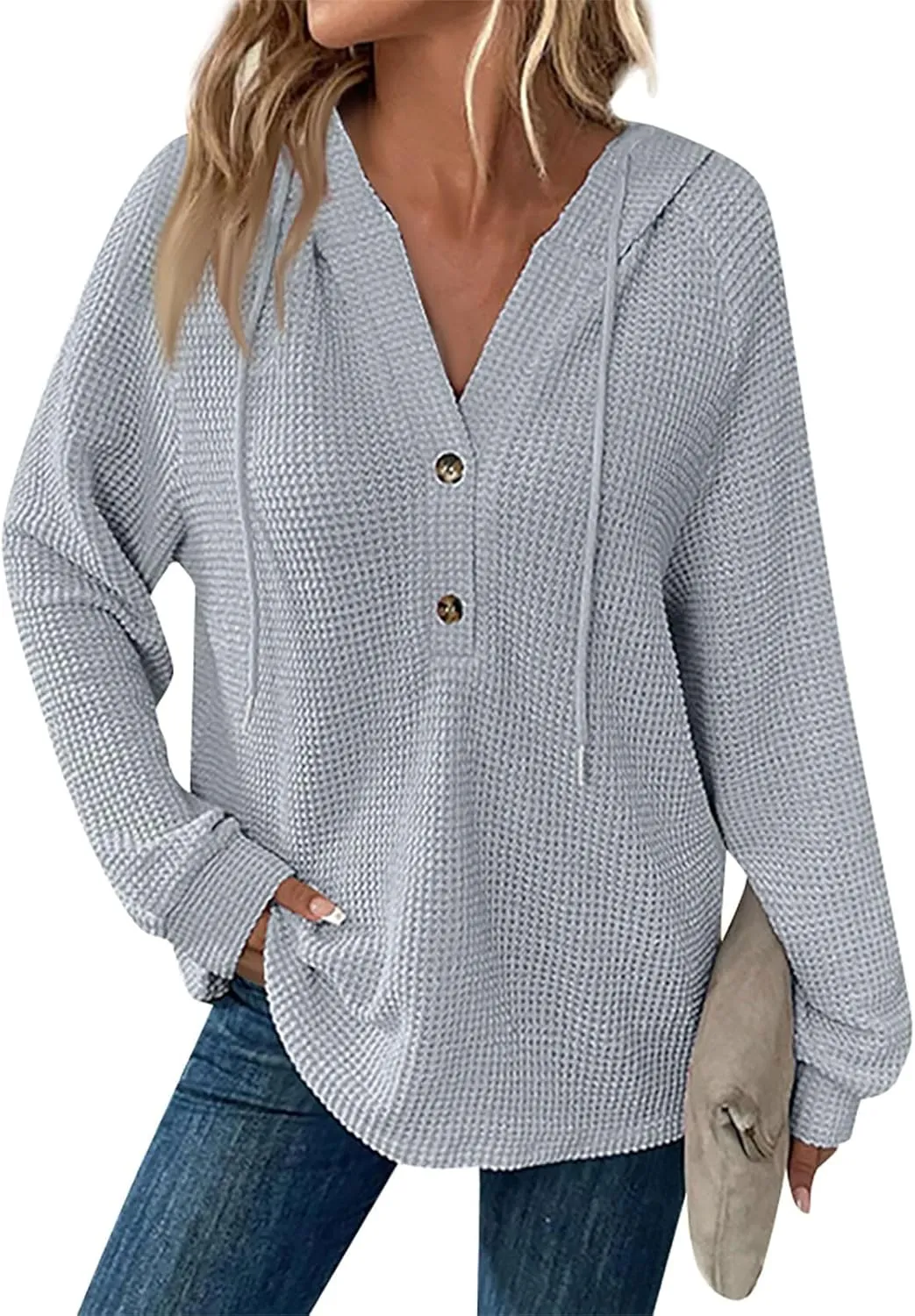 Hoodies for Women Oversized Waffle Knit Button Down Shirt Long Sleeve V Neck Lightweight Tunic Pullover Sweaters Tops