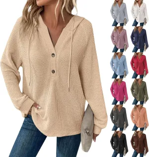 Hoodies for Women Oversized Waffle Knit Button Down Shirt Long Sleeve V Neck Lightweight Tunic Pullover Sweaters Tops