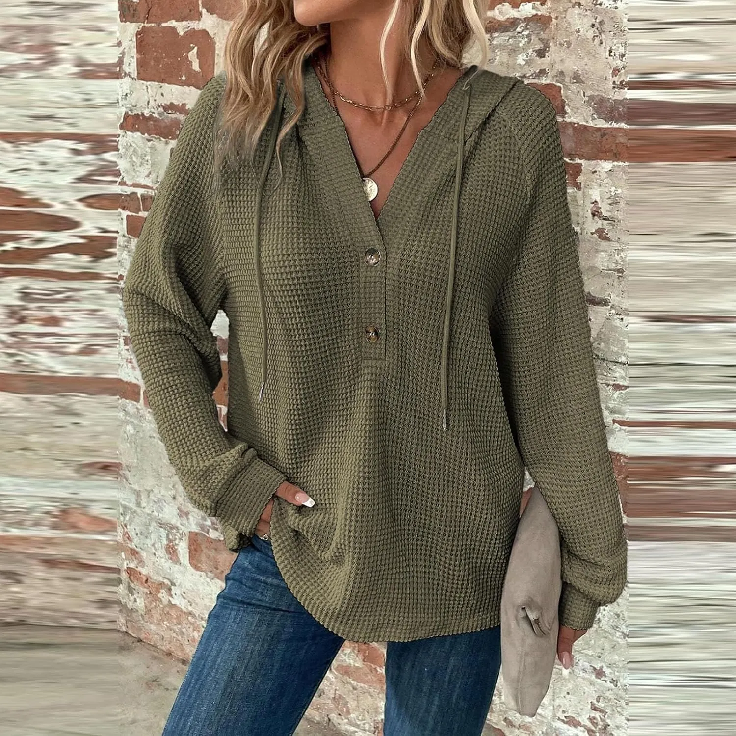 Hoodies for Women Oversized Waffle Knit Button Down Shirt Long Sleeve V Neck Lightweight Tunic Pullover Sweaters Tops