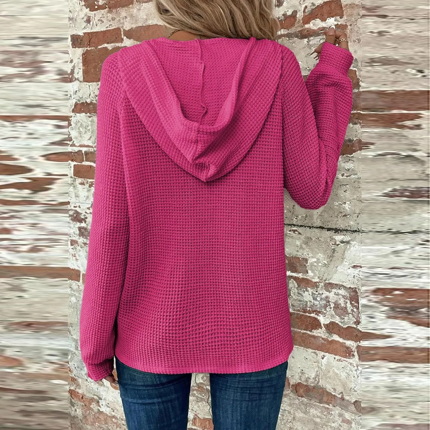 Hoodies for Women Oversized Waffle Knit Button Down Shirt Long Sleeve V Neck Lightweight Tunic Pullover Sweaters Tops