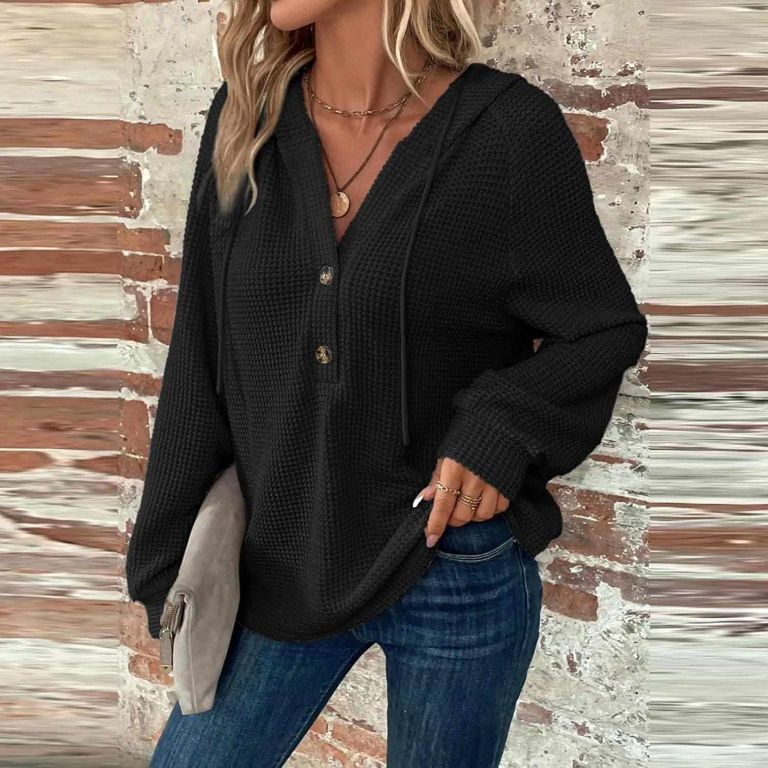 Hoodies for Women Oversized Waffle Knit Button Down Shirt Long Sleeve V Neck Lightweight Tunic Pullover Sweaters Tops