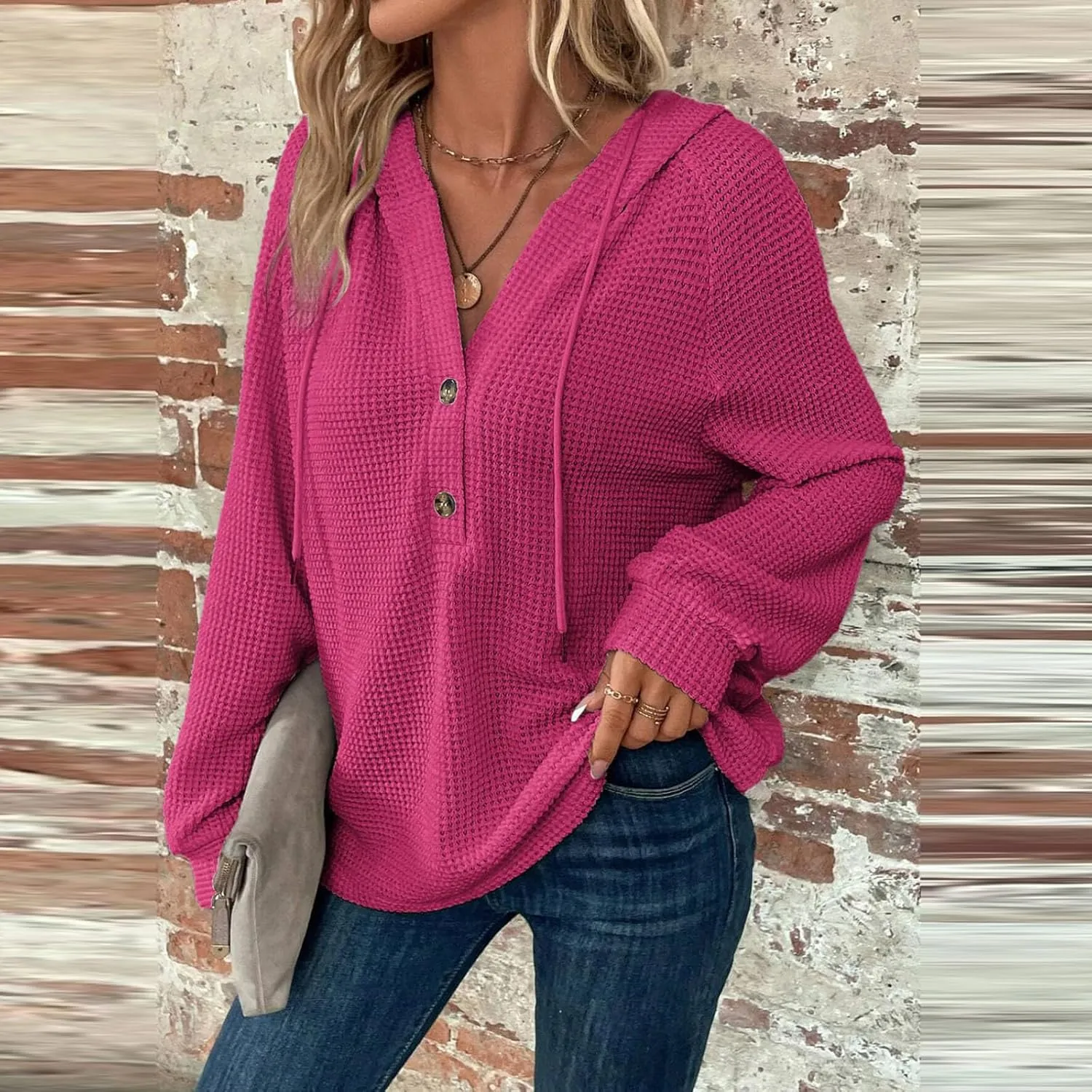 Hoodies for Women Oversized Waffle Knit Button Down Shirt Long Sleeve V Neck Lightweight Tunic Pullover Sweaters Tops