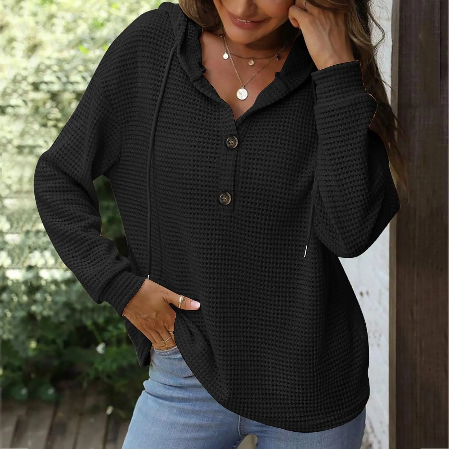 Hoodies for Women Waffle Knit Tops Drawstring Hoodie Casual Button V Neck Long Sleeve Hooded Pullover Sweatshirt