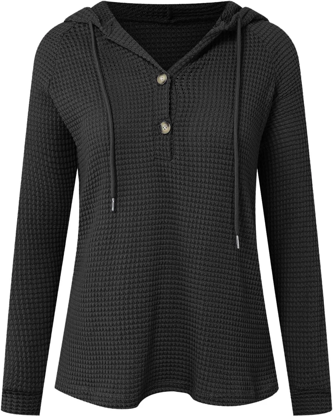 Hoodies for Women Waffle Knit Tops Drawstring Hoodie Casual Button V Neck Long Sleeve Hooded Pullover Sweatshirt