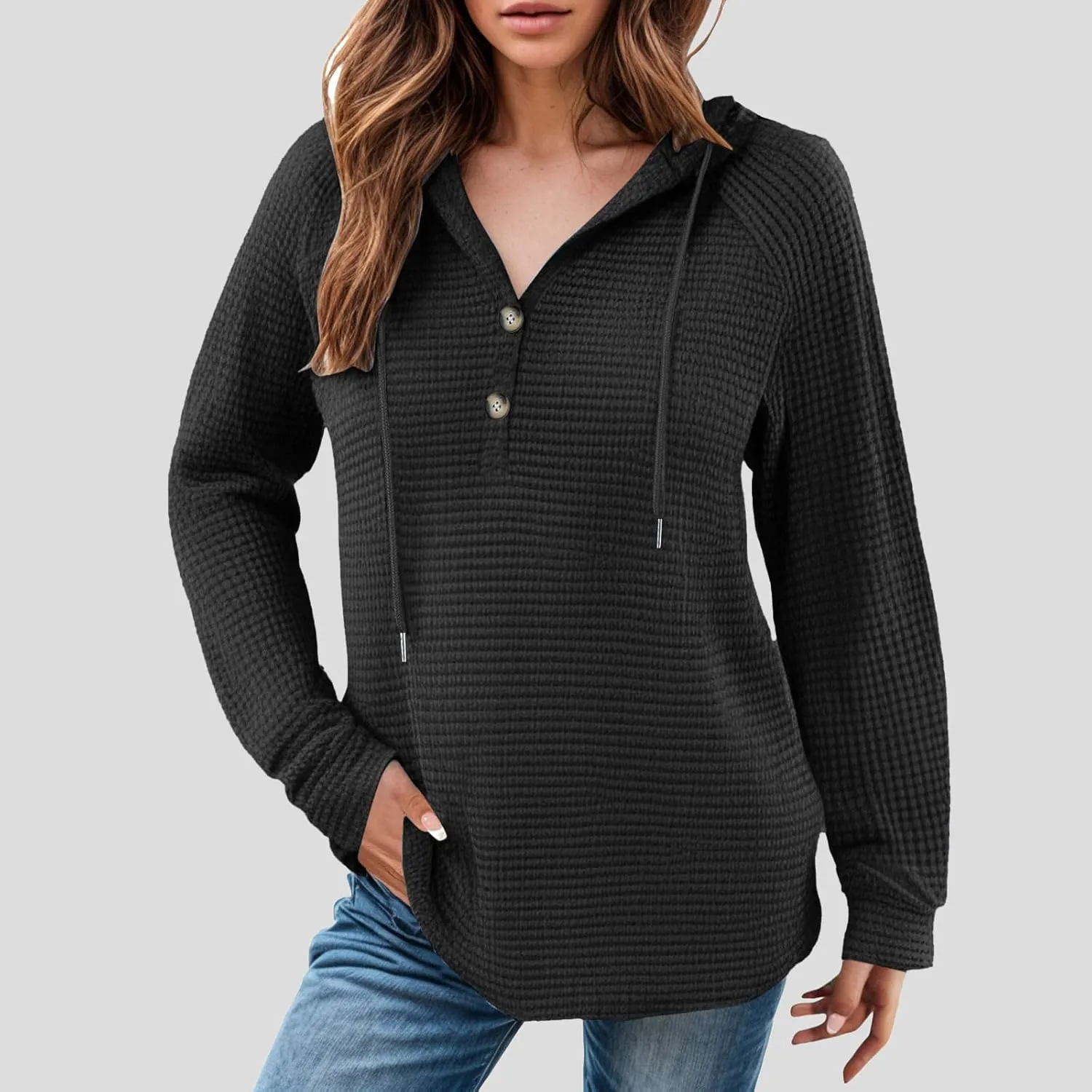 Hoodies for Women Waffle Knit Tops Drawstring Hoodie Casual Button V Neck Long Sleeve Hooded Pullover Sweatshirt