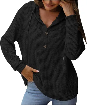 Hoodies for Women Waffle Knit Tops Drawstring Hoodie Casual Button V Neck Long Sleeve Hooded Pullover Sweatshirt
