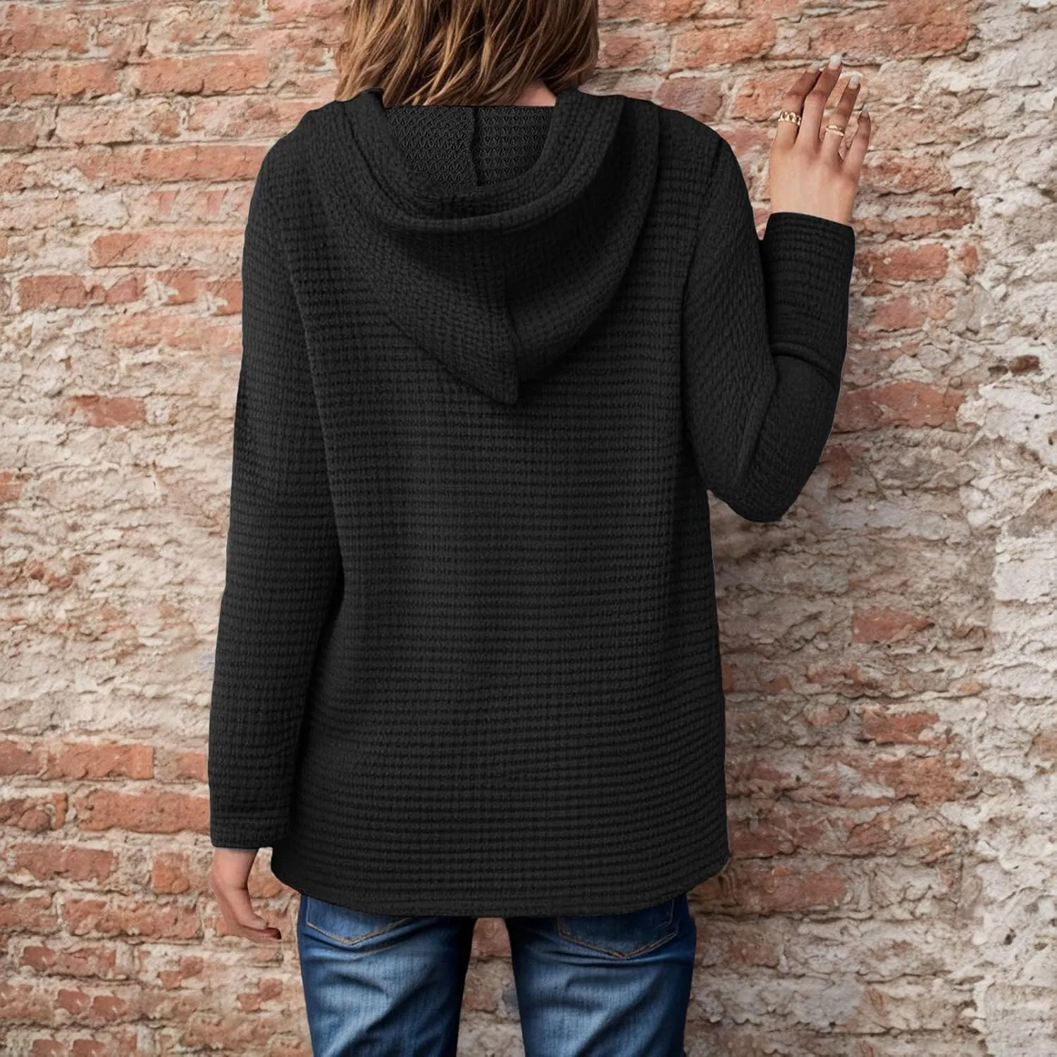 Hoodies for Women Waffle Knit Tops Drawstring Hoodie Casual Button V Neck Long Sleeve Hooded Pullover Sweatshirt