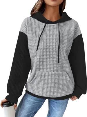 Hoodies For Women,2024 Fall Trendy Waffle Long Sleeve Drawstring Pullover Tops Casual Preppy Sweatshirt With Pockets