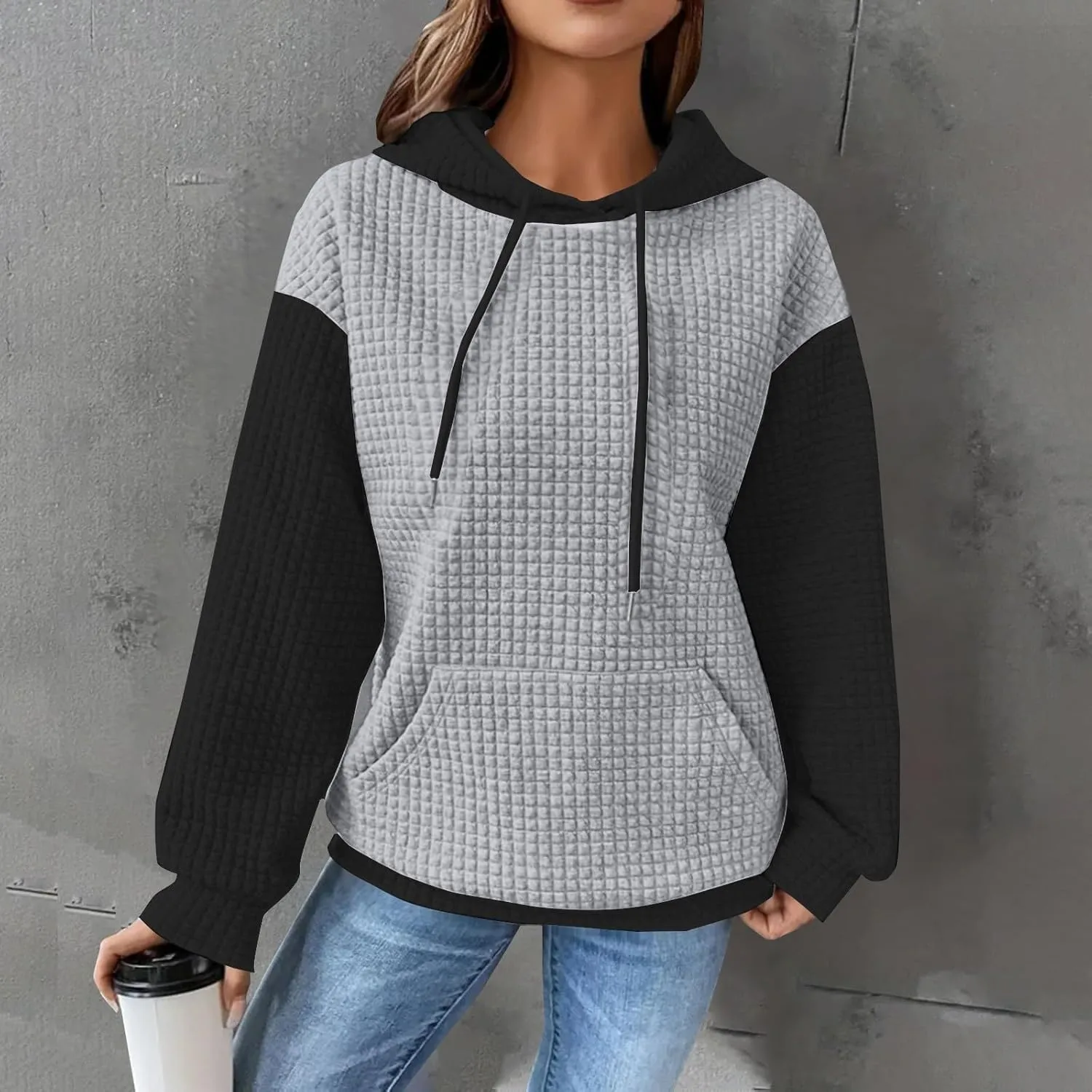 Hoodies For Women,2024 Fall Trendy Waffle Long Sleeve Drawstring Pullover Tops Casual Preppy Sweatshirt With Pockets