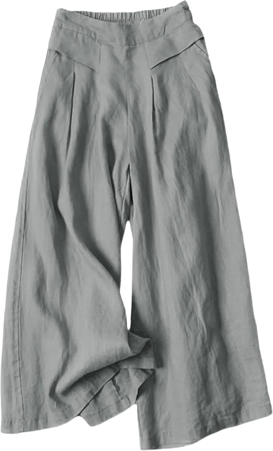 Hooever Women's Cotton Linen Culottes Pants Elastic Waist Wide Leg Palazzo Trousers Capri Pant