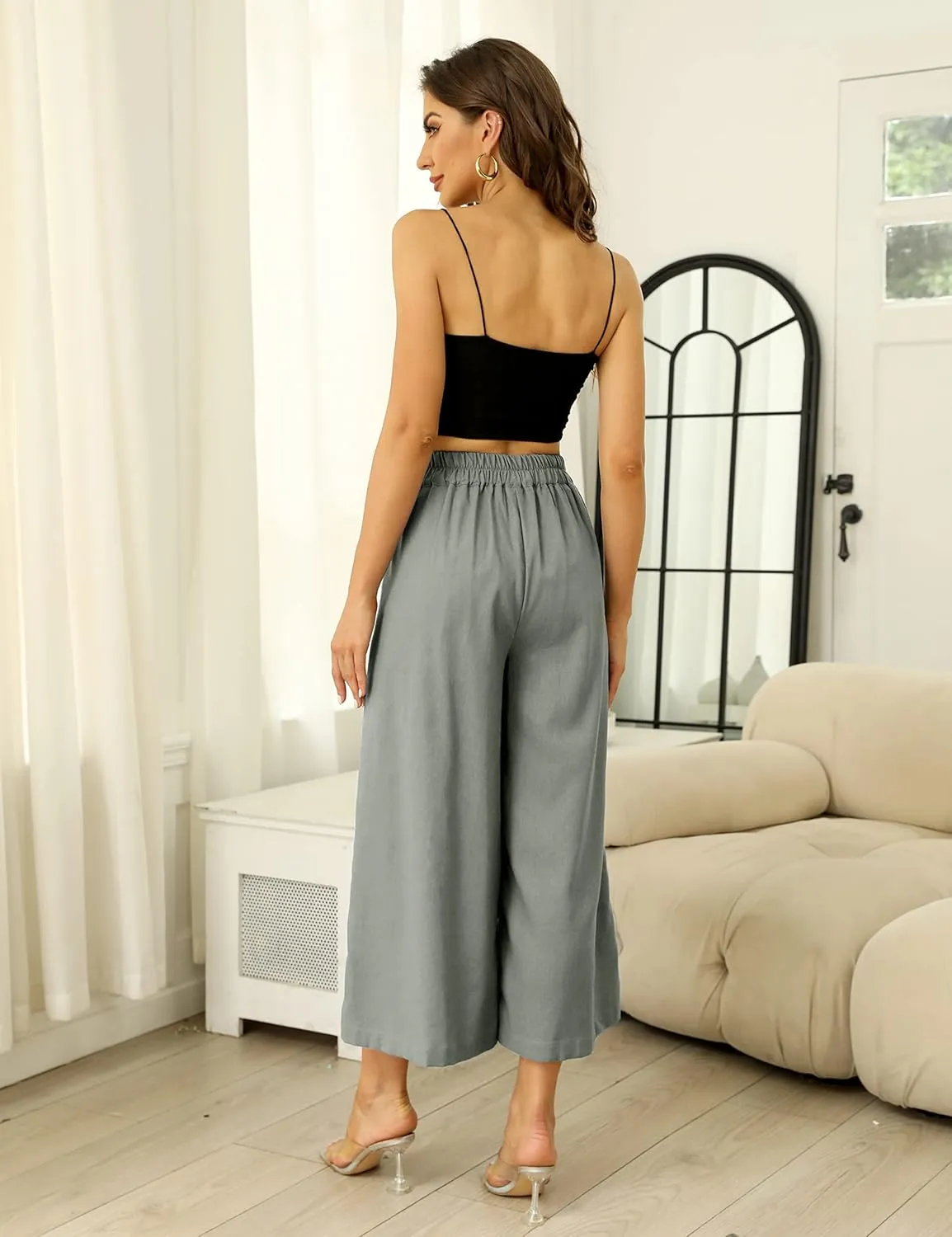 Hooever Women's Cotton Linen Culottes Pants Elastic Waist Wide Leg Palazzo Trousers Capri Pant