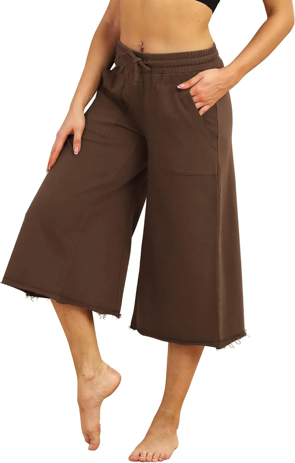 icyzone Culottes Capri Pants for Women - Elastic Waist Wide Leg Joggers Casual Lounge Cotton Sweatpants with Pockets