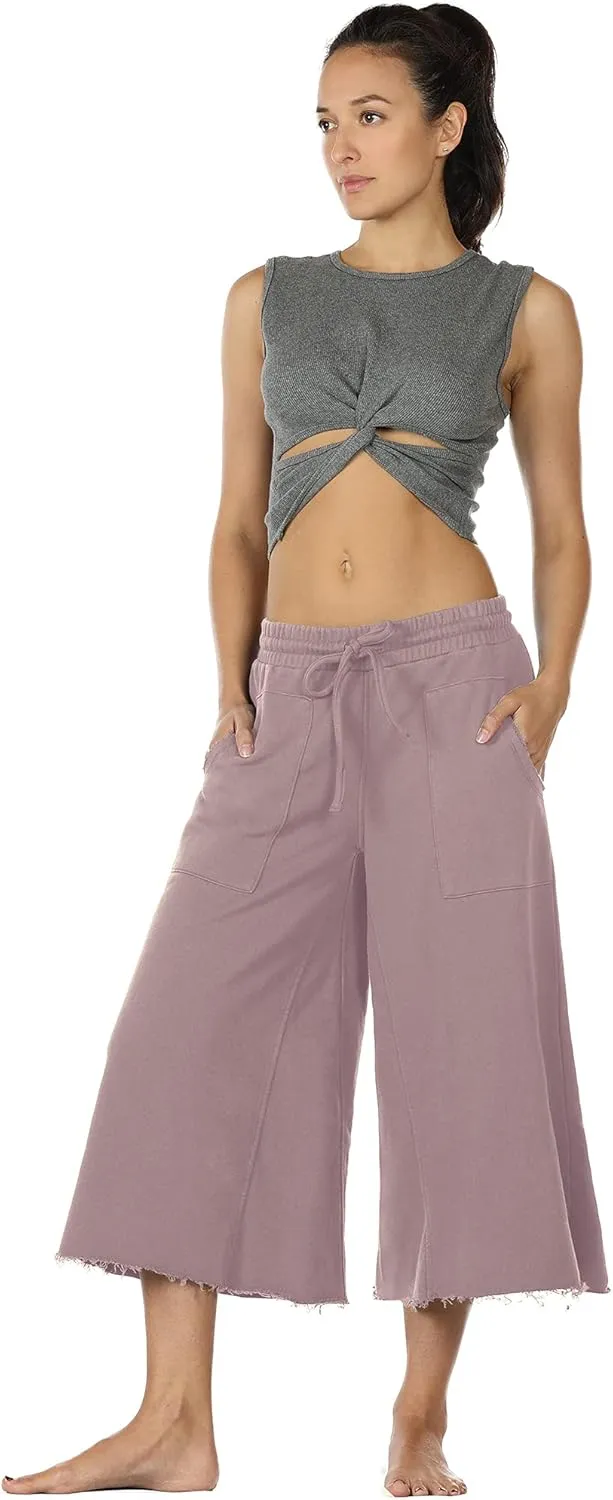 icyzone Culottes Capri Pants for Women - Elastic Waist Wide Leg Joggers Casual Lounge Cotton Sweatpants with Pockets