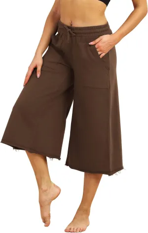 icyzone Culottes Capri Pants for Women - Elastic Waist Wide Leg Joggers Casual Lounge Cotton Sweatpants with Pockets