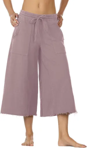 icyzone Culottes Capri Pants for Women - Elastic Waist Wide Leg Joggers Casual Lounge Cotton Sweatpants with Pockets
