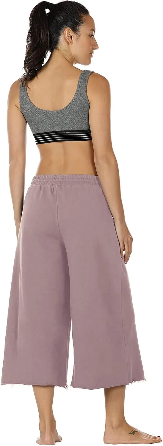 icyzone Culottes Capri Pants for Women - Elastic Waist Wide Leg Joggers Casual Lounge Cotton Sweatpants with Pockets