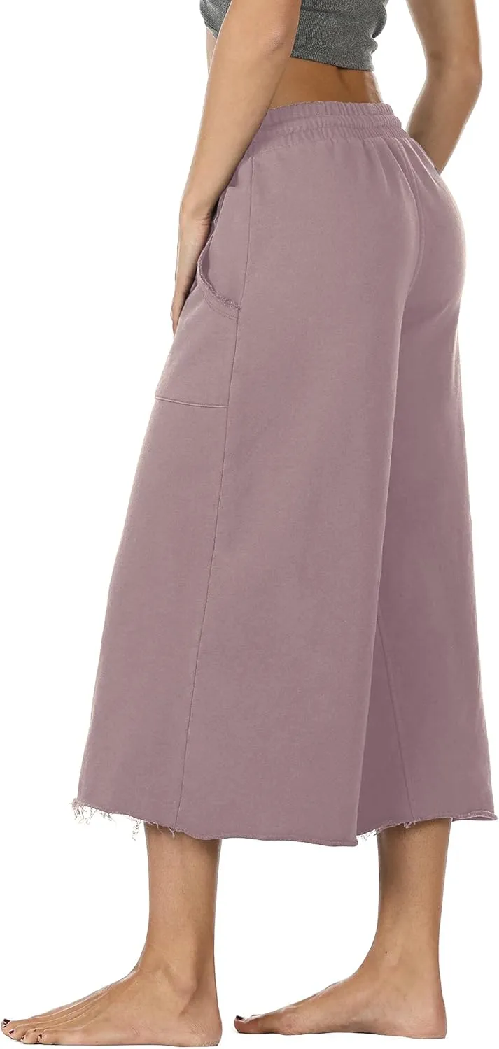 icyzone Culottes Capri Pants for Women - Elastic Waist Wide Leg Joggers Casual Lounge Cotton Sweatpants with Pockets