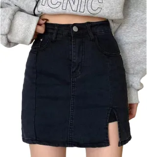 Jean Skirt for Women, High Waisted Casual Denim Stretch Skirt with Side Slits Mini Skirts, Built-in Shorts
