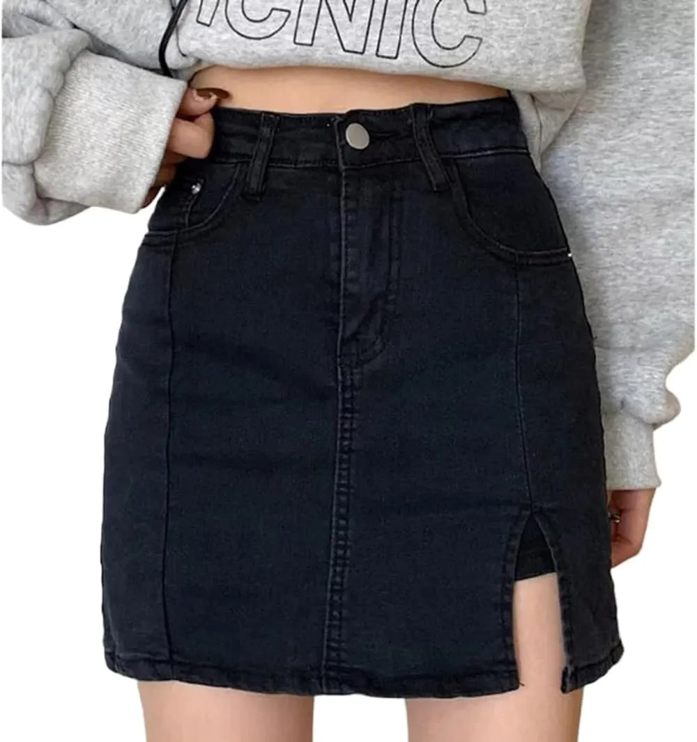 Jean Skirt for Women, High Waisted Casual Denim Stretch Skirt with Side Slits Mini Skirts, Built-in Shorts