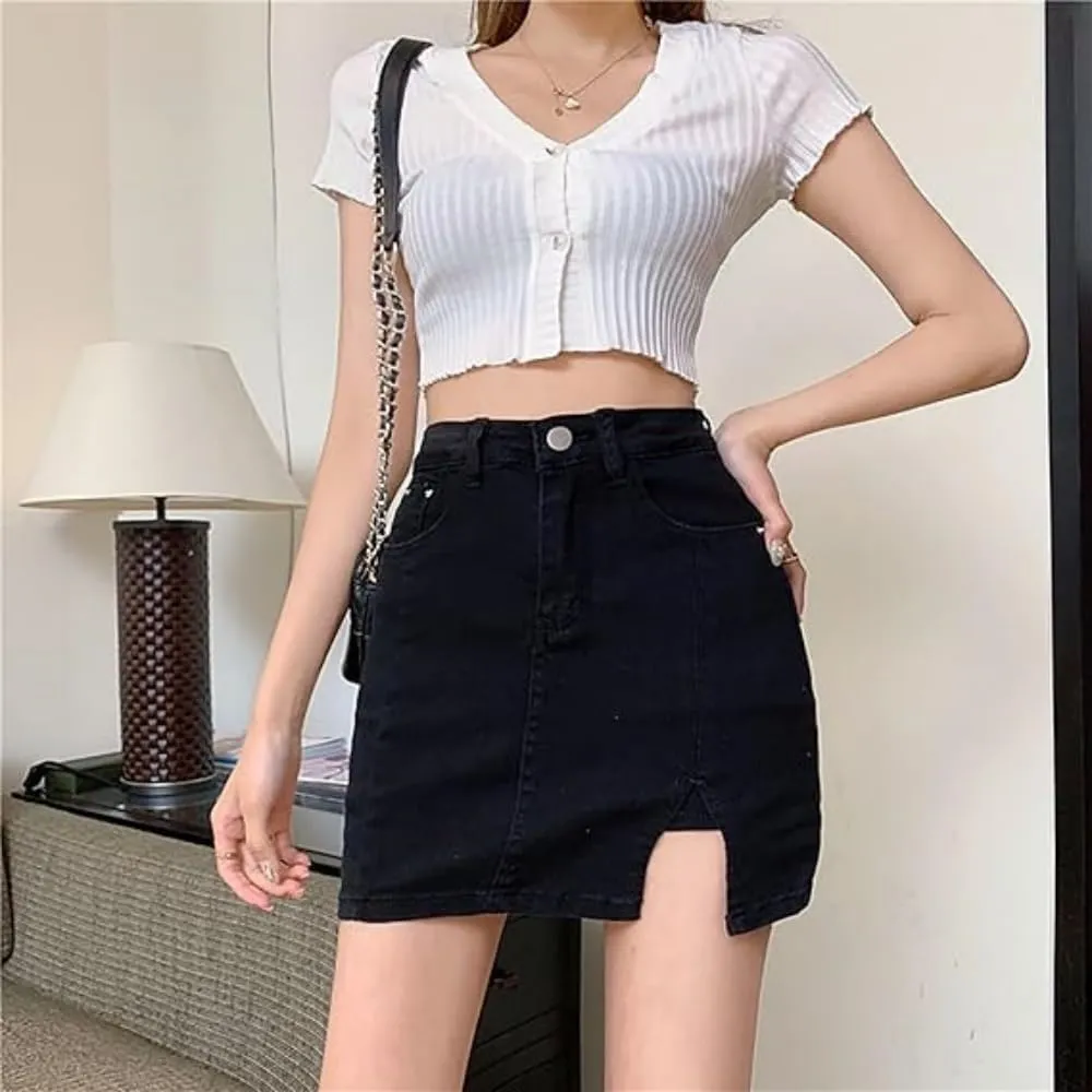 Jean Skirt for Women, High Waisted Casual Denim Stretch Skirt with Side Slits Mini Skirts, Built-in Shorts