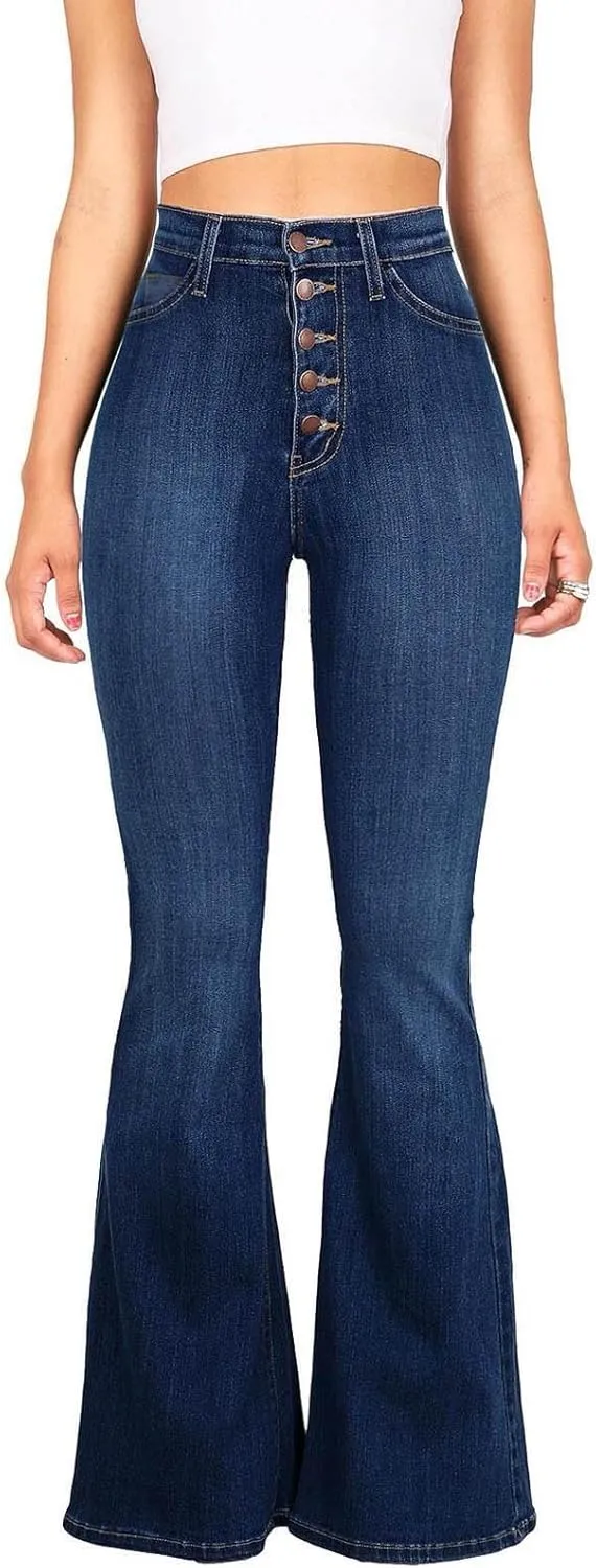 Jeans for Women Sexy High-Waist Button Wide-Legged Casual Denim Pants Classic Skinny Elastic Flared Trousers Jeans