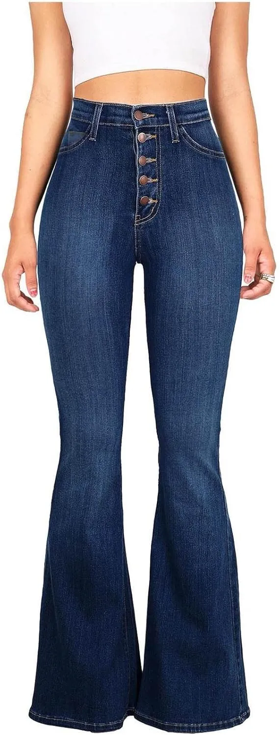Jeans for Women Sexy High-Waist Button Wide-Legged Casual Denim Pants Classic Skinny Elastic Flared Trousers Jeans