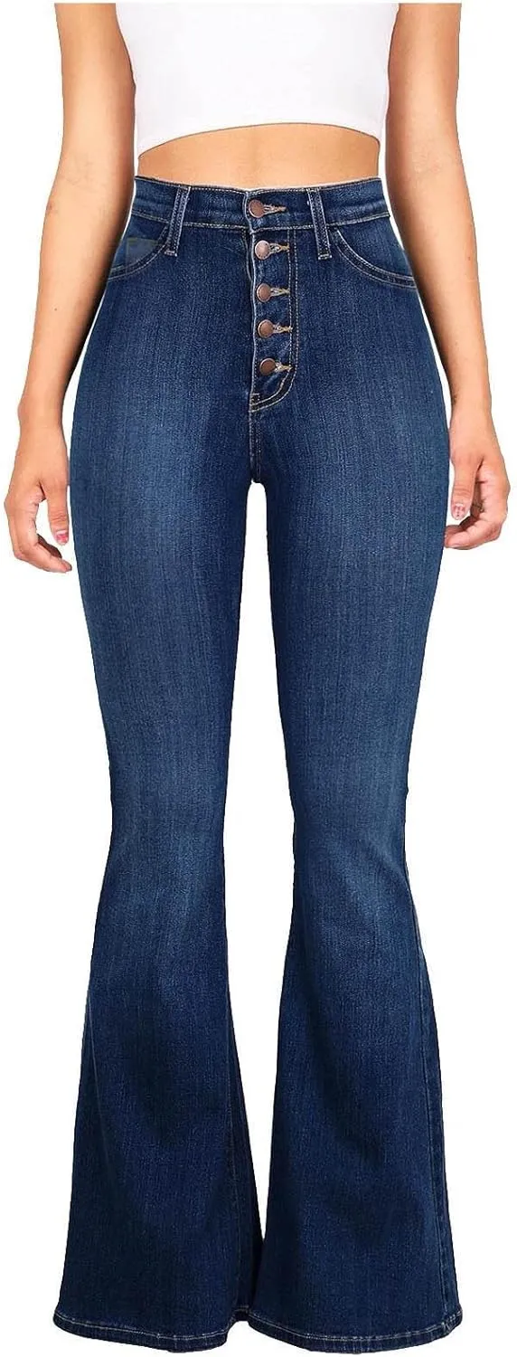 Jeans for Women Sexy High-Waist Button Wide-Legged Casual Denim Pants Classic Skinny Elastic Flared Trousers Jeans