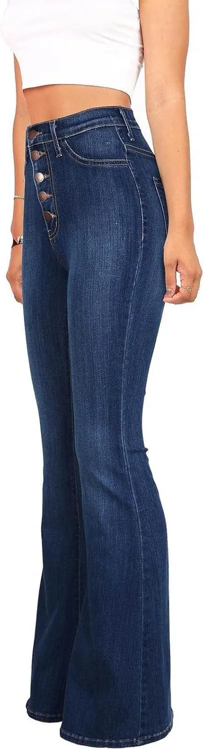 Jeans for Women Sexy High-Waist Button Wide-Legged Casual Denim Pants Classic Skinny Elastic Flared Trousers Jeans