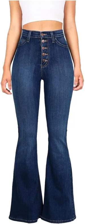Jeans for Women Sexy High-Waist Button Wide-Legged Casual Denim Pants Classic Skinny Elastic Flared Trousers Jeans
