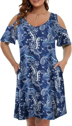 JollieLovin Womens Plus Size Short Sleeve Cold Shoulder V Neck T-Shirt Dress with Pockets