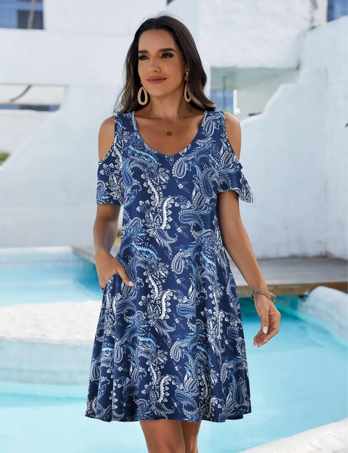JollieLovin Womens Plus Size Short Sleeve Cold Shoulder V Neck T-Shirt Dress with Pockets