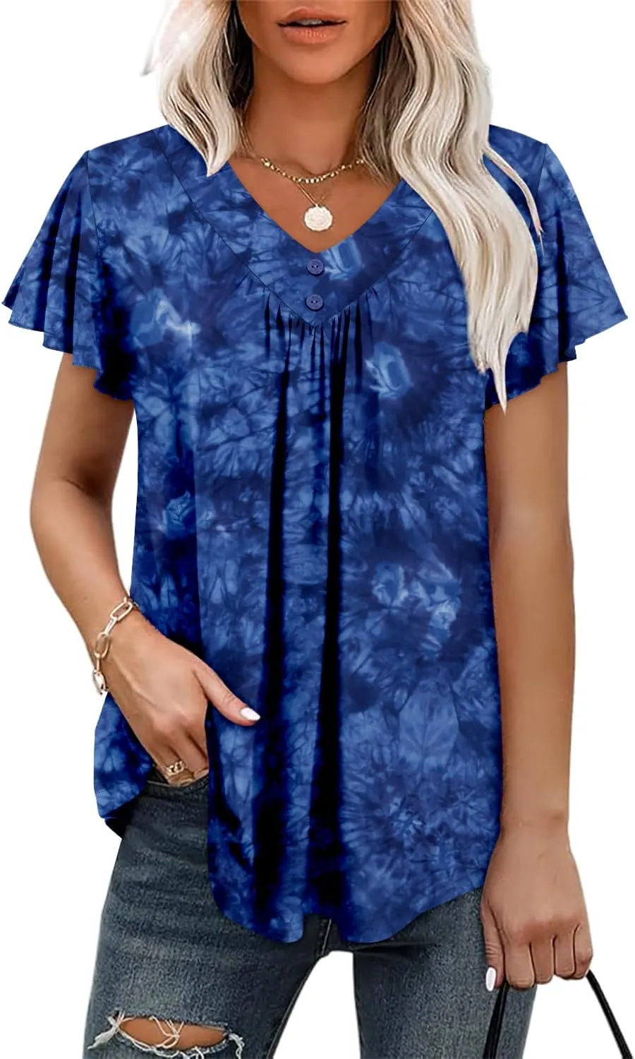 KISSMODA Short Sleeve Tunic Tops for Women Summer to Wear with Jeans Women's Tunics with Button Boho T Shirts Loose S-3XL