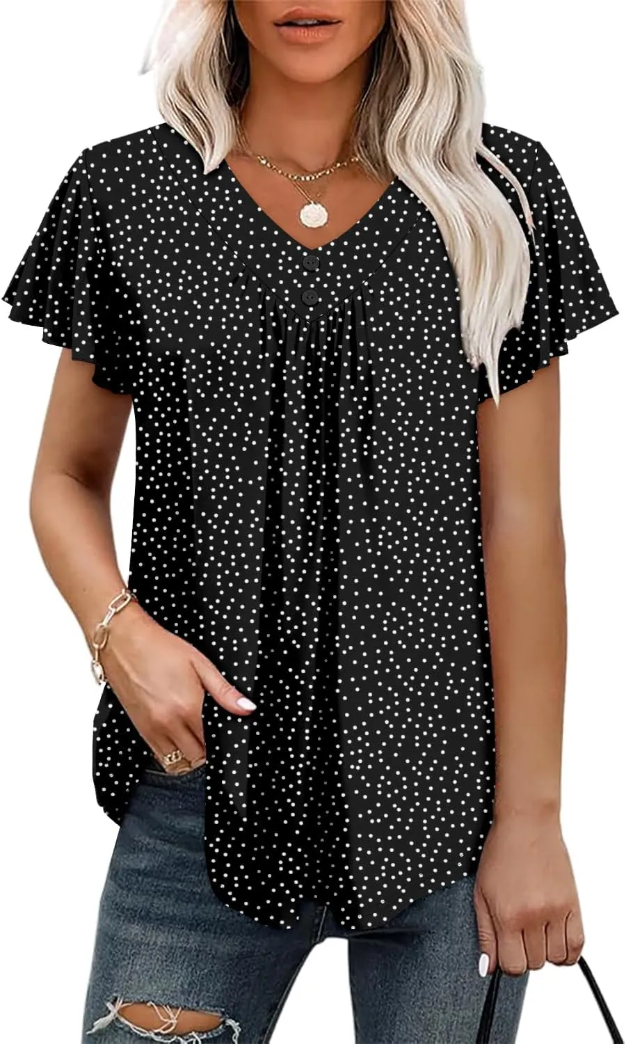 KISSMODA Short Sleeve Tunic Tops for Women Summer to Wear with Jeans Women's Tunics with Button Boho T Shirts Loose S-3XL
