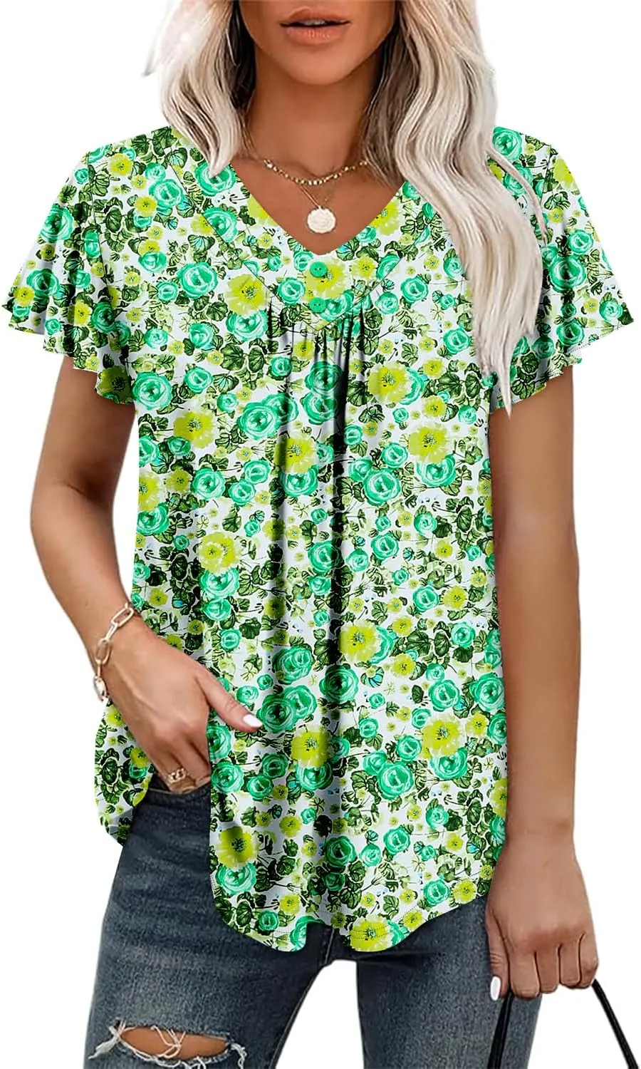 KISSMODA Short Sleeve Tunic Tops for Women Summer to Wear with Jeans Women's Tunics with Button Boho T Shirts Loose S-3XL