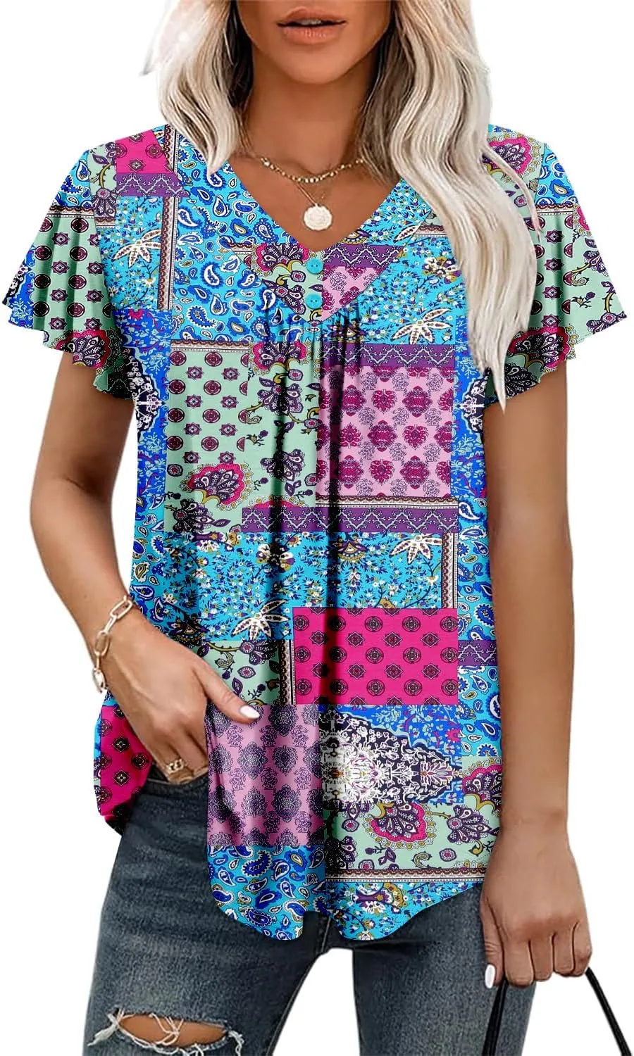 KISSMODA Short Sleeve Tunic Tops for Women Summer to Wear with Jeans Women's Tunics with Button Boho T Shirts Loose S-3XL