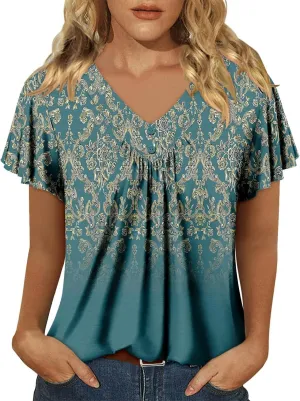 KISSMODA Short Sleeve Tunic Tops for Women Summer to Wear with Jeans Women's Tunics with Button Boho T Shirts Loose S-3XL