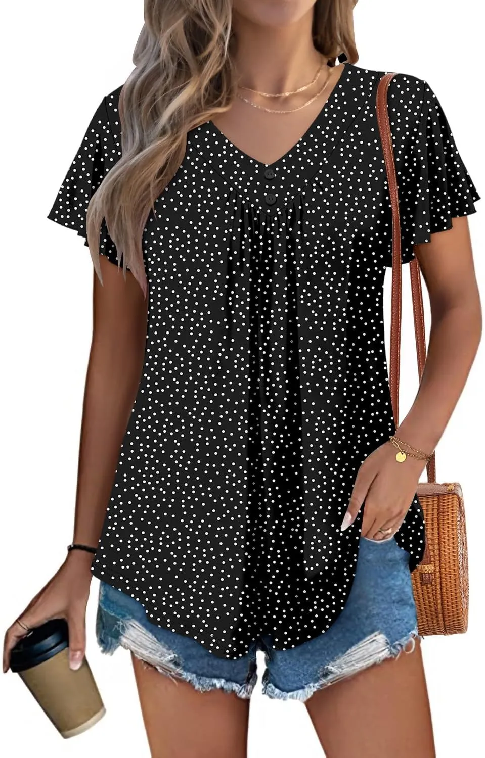 KISSMODA Short Sleeve Tunic Tops for Women Summer to Wear with Jeans Women's Tunics with Button Boho T Shirts Loose S-3XL