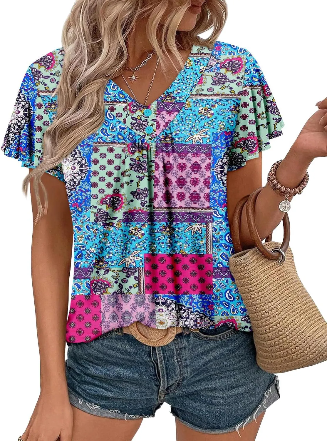 KISSMODA Short Sleeve Tunic Tops for Women Summer to Wear with Jeans Women's Tunics with Button Boho T Shirts Loose S-3XL