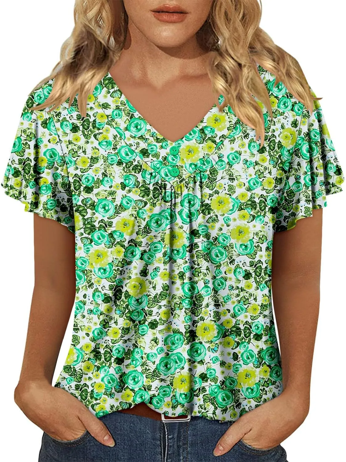 KISSMODA Short Sleeve Tunic Tops for Women Summer to Wear with Jeans Women's Tunics with Button Boho T Shirts Loose S-3XL