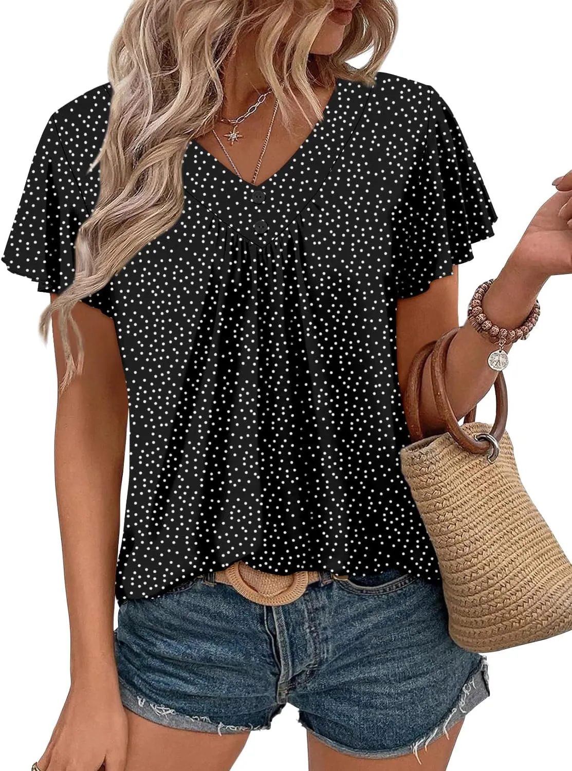 KISSMODA Short Sleeve Tunic Tops for Women Summer to Wear with Jeans Women's Tunics with Button Boho T Shirts Loose S-3XL