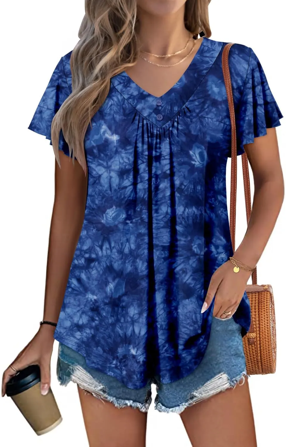 KISSMODA Short Sleeve Tunic Tops for Women Summer to Wear with Jeans Women's Tunics with Button Boho T Shirts Loose S-3XL