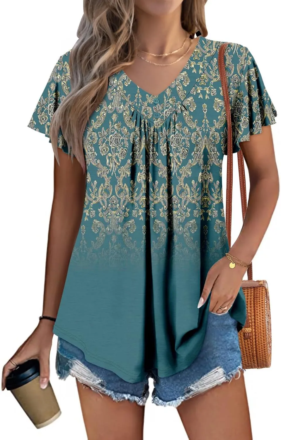 KISSMODA Short Sleeve Tunic Tops for Women Summer to Wear with Jeans Women's Tunics with Button Boho T Shirts Loose S-3XL