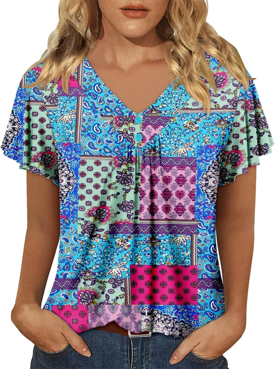 KISSMODA Short Sleeve Tunic Tops for Women Summer to Wear with Jeans Women's Tunics with Button Boho T Shirts Loose S-3XL