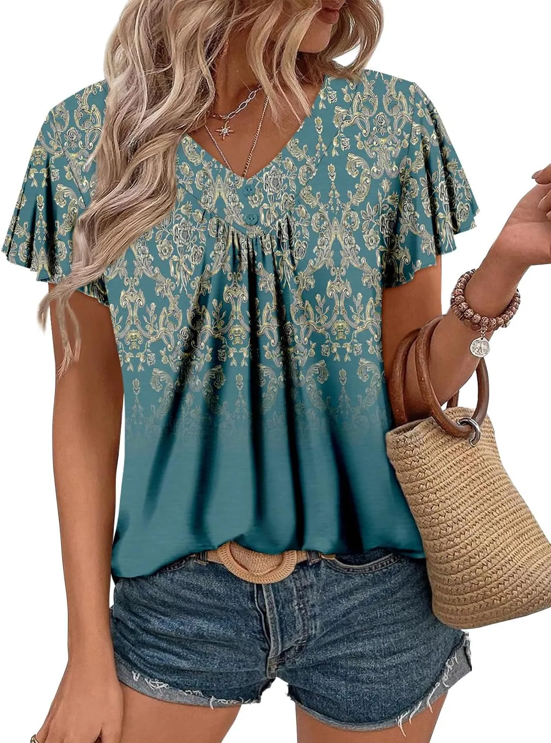 KISSMODA Short Sleeve Tunic Tops for Women Summer to Wear with Jeans Women's Tunics with Button Boho T Shirts Loose S-3XL