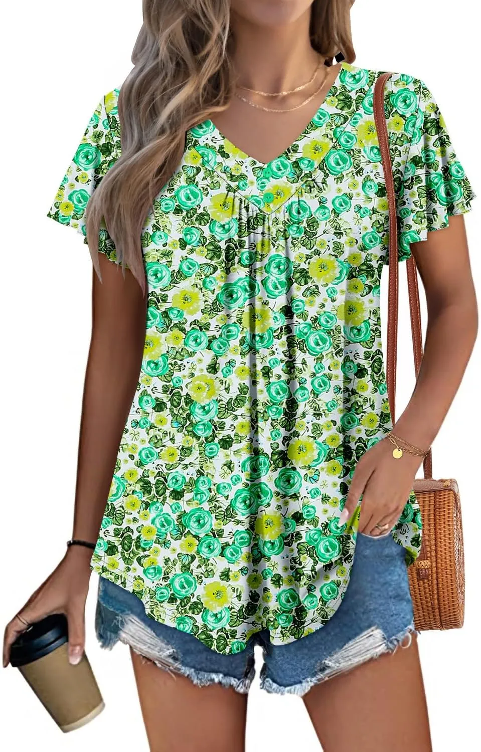KISSMODA Short Sleeve Tunic Tops for Women Summer to Wear with Jeans Women's Tunics with Button Boho T Shirts Loose S-3XL