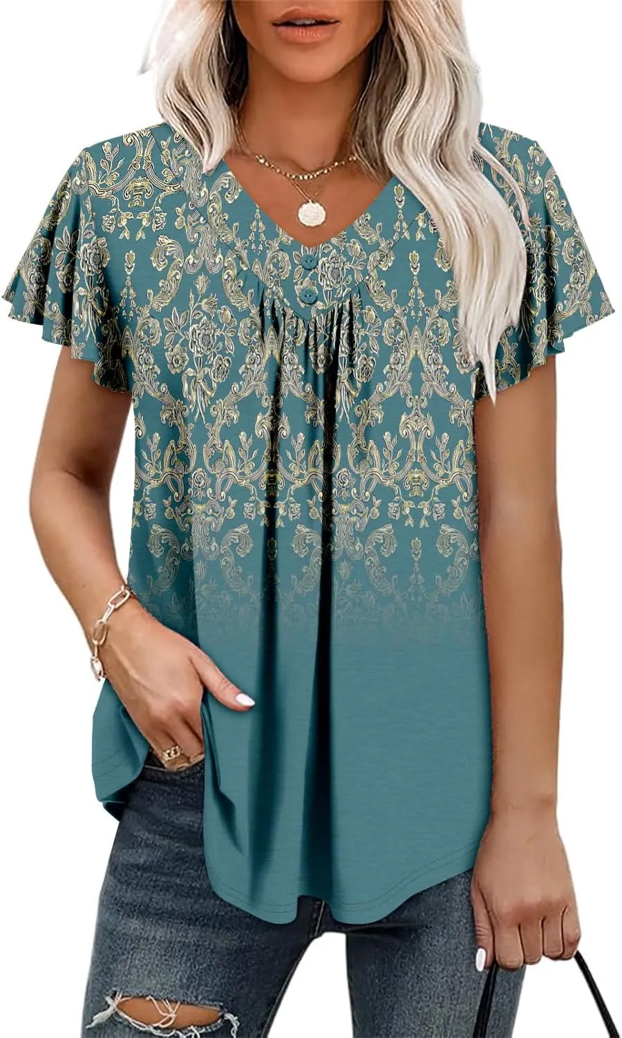 KISSMODA Short Sleeve Tunic Tops for Women Summer to Wear with Jeans Women's Tunics with Button Boho T Shirts Loose S-3XL
