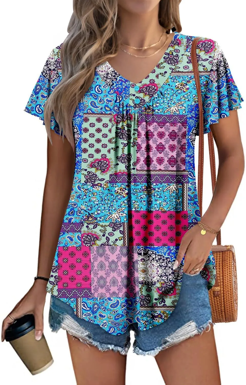 KISSMODA Short Sleeve Tunic Tops for Women Summer to Wear with Jeans Women's Tunics with Button Boho T Shirts Loose S-3XL