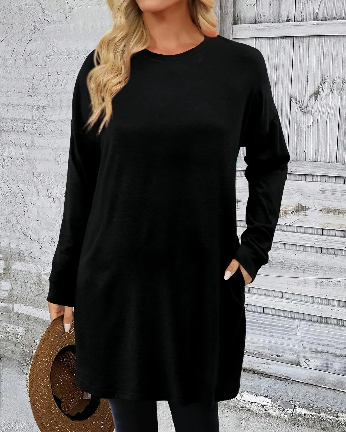 KISSMODA Women's Long Sleeve Tunic Tops Fall for Leggings Casual Long Tunics with Pockets T Shirts Loose S-3XL