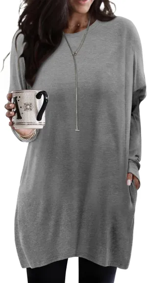 KISSMODA Women's Long Sleeve Tunic Tops Fall for Leggings Casual Long Tunics with Pockets T Shirts Loose S-3XL