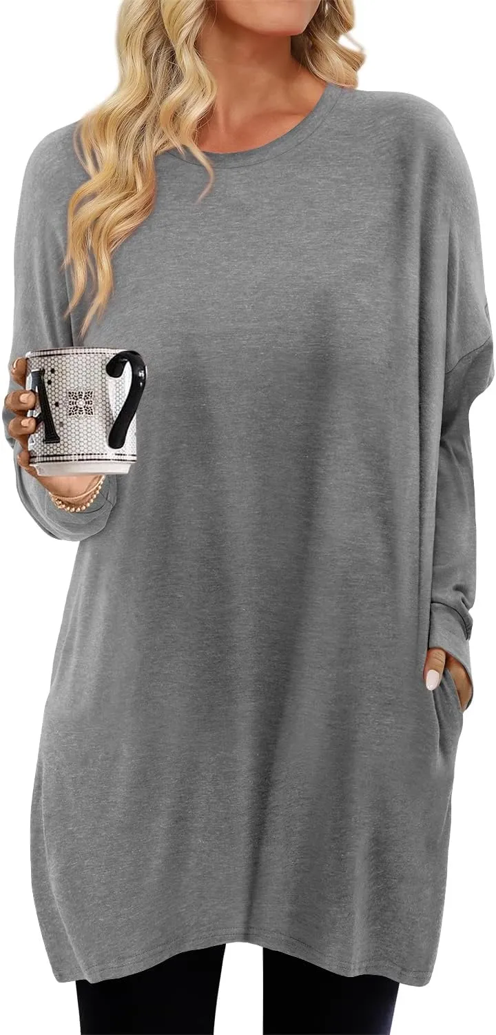 KISSMODA Women's Long Sleeve Tunic Tops Fall for Leggings Casual Long Tunics with Pockets T Shirts Loose S-3XL